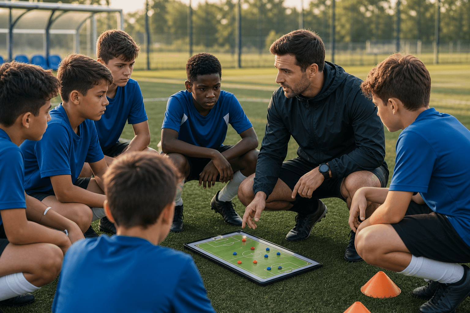 Academy coach briefing youth players beside a training pitch